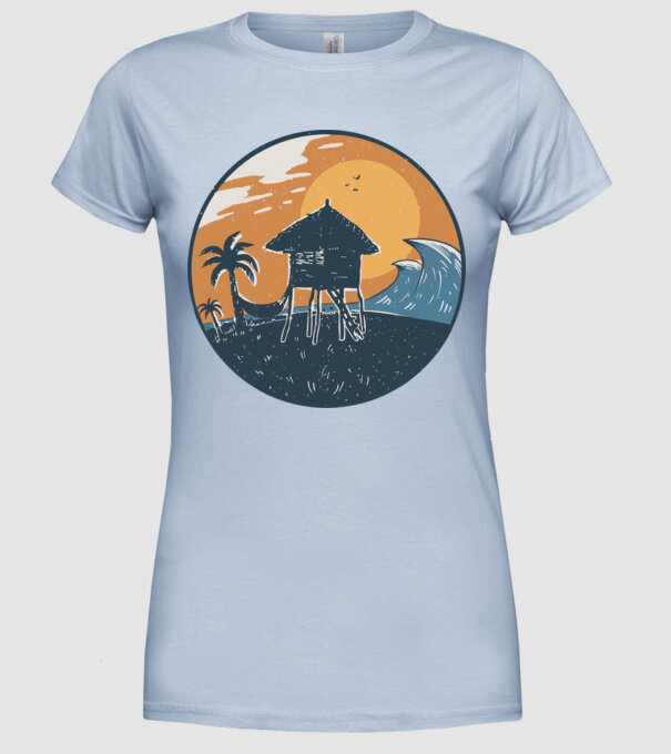 Bungalou pe plajă model albastru deschis pe tricou