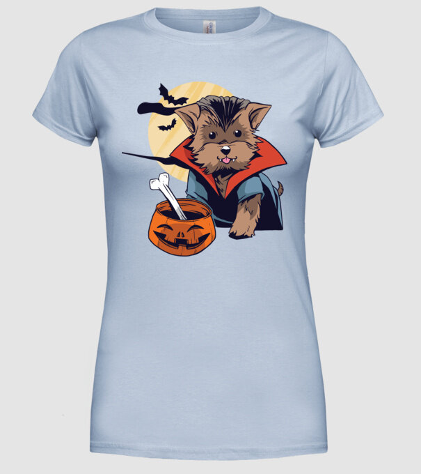 Vampir Yorkie Halloween model albastru deschis pe tricou