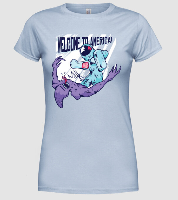 Welcome To America model albastru deschis pe tricou