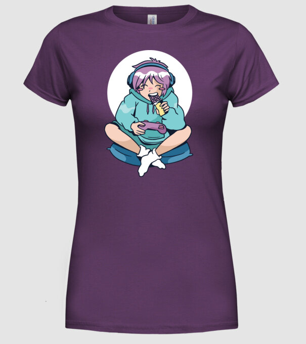 Anime Gamer Fată cu ciocolată model mov pe tricou