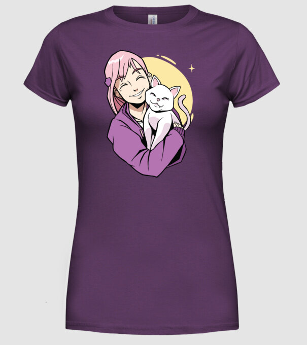 Anime fată cu pisică model mov pe tricou
