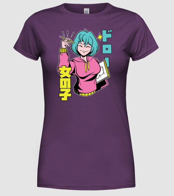 Anime fată desenând model mov pe tricou