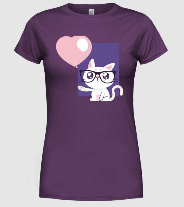 Inimă Pisică cu balon model mov pe tricou