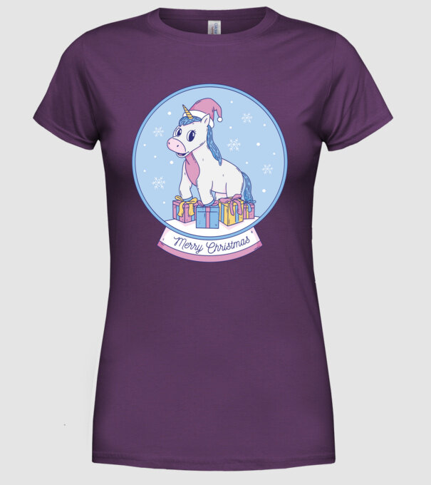 Glob de zăpadă drăguț, de Crăciun, cu Unicorn model mov pe tricou