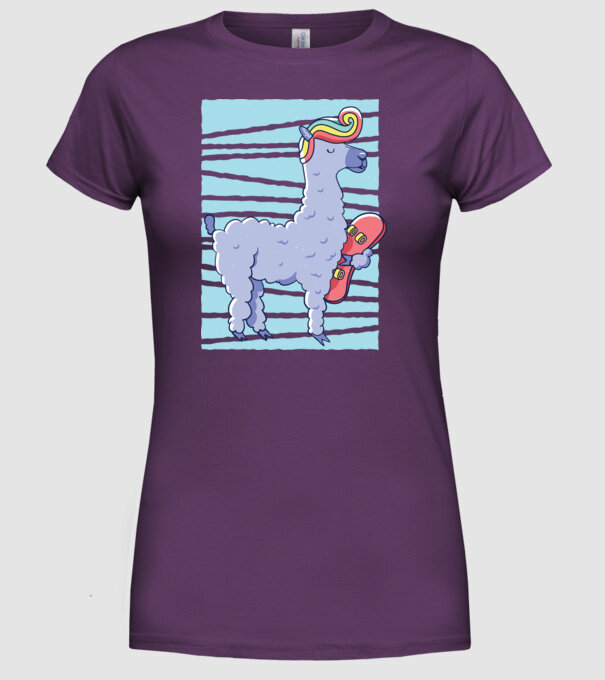 Lama Skateboarder model mov pe tricou