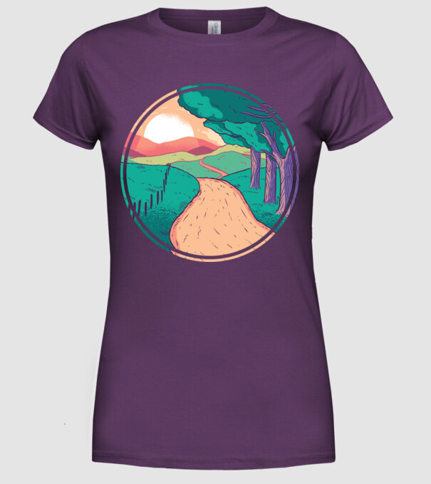 Drum spre casă la apus de soare model mov pe tricou