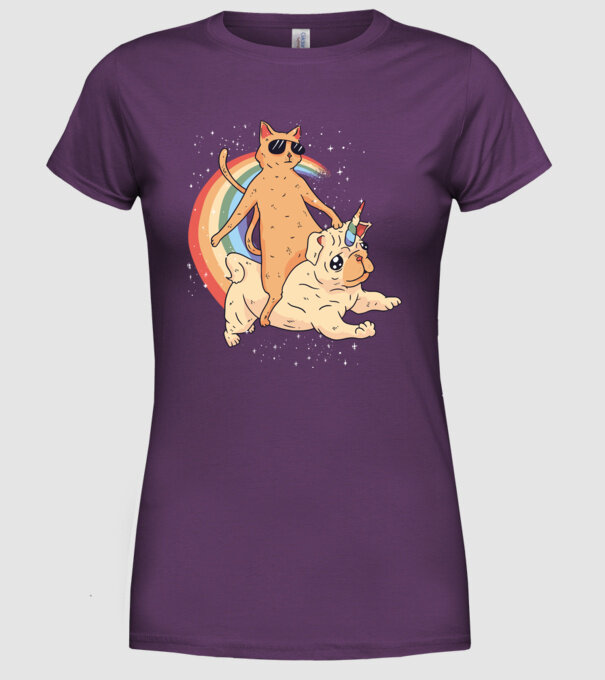 Pisică și Mops unicorn model mov pe tricou