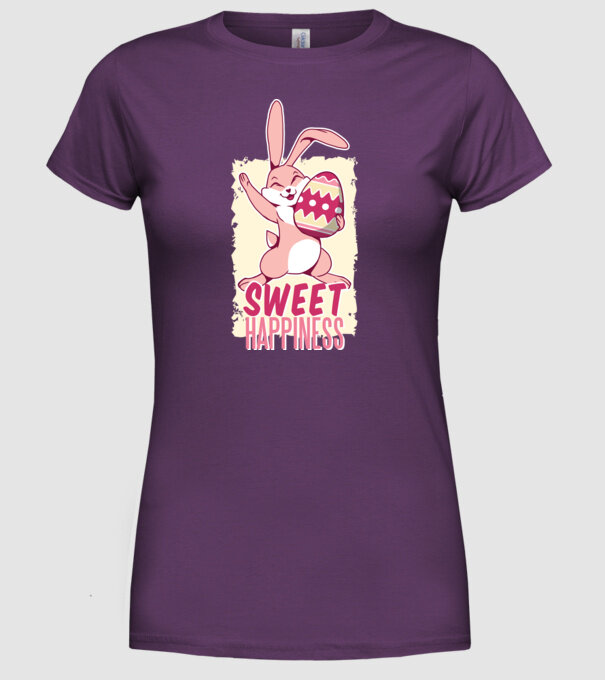 Sweet Happiness pentru Paște tricou cu iepuraș model mov pe tricou