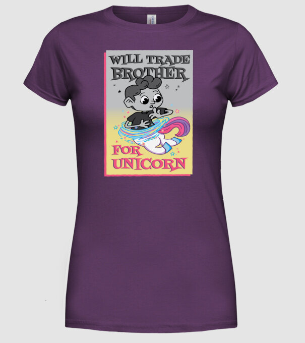Îl ofer la schimb pe fratele meu pentru un unicorn model mov pe tricou