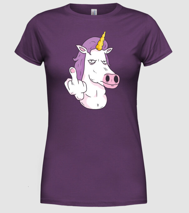 Unicorn arată degetul model mov pe tricou