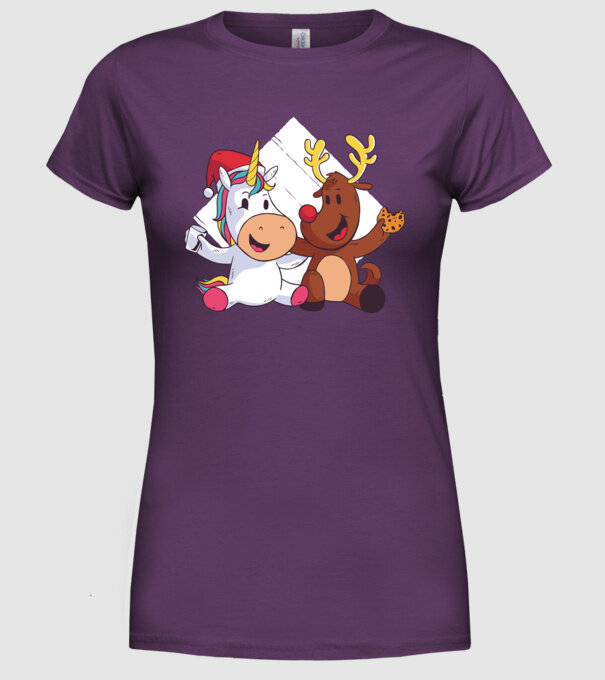 Unicorn și Ren prietenie tricou drăguț de Crăciun model mov pe tricou