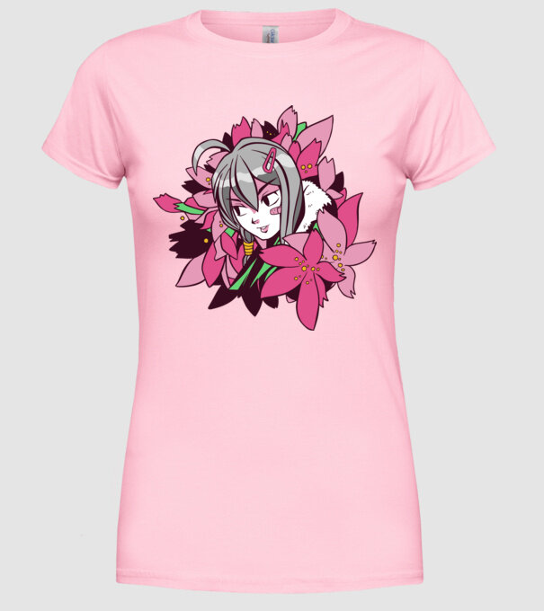 Anime fată printre flori model roz deschis pe tricou