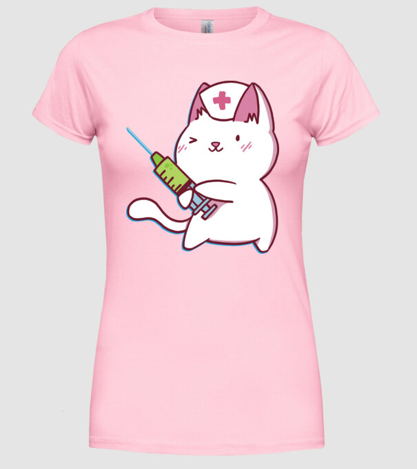 Pisică asistent medical cu vaccin model roz deschis pe tricou