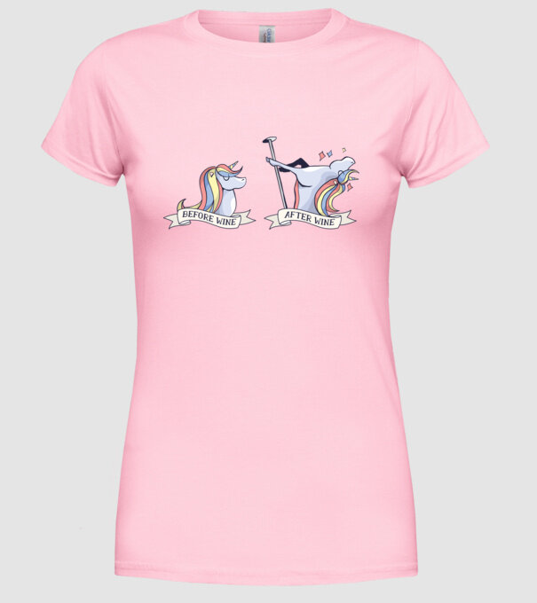 Înainte și după vin Unicorns model roz deschis pe tricou
