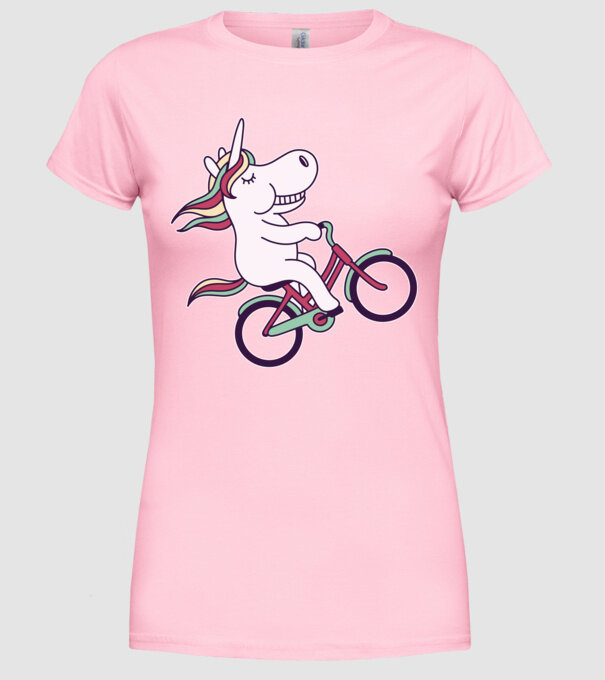 unicorn cu bicicletă model roz deschis pe tricou
