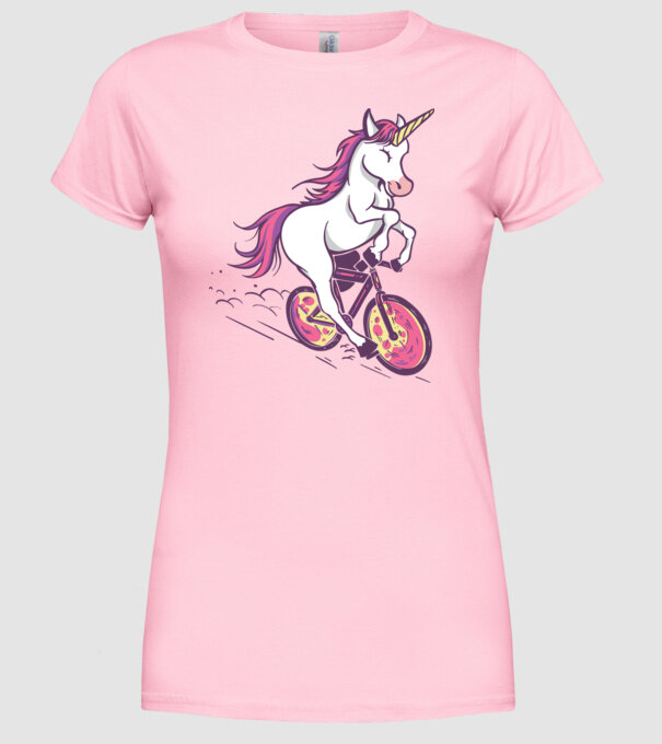unicorn cu bicicletă model roz deschis pe tricou