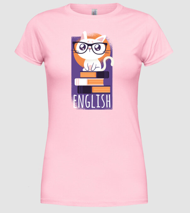 Pisică cu cărți model roz deschis pe tricou