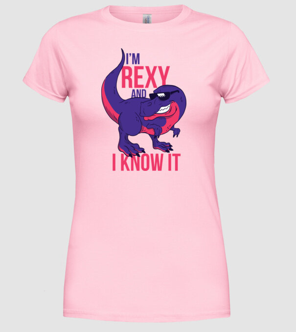 'I''m Rexy and I know it - tricou dinozaur amuzant' model roz deschis pe tricou
