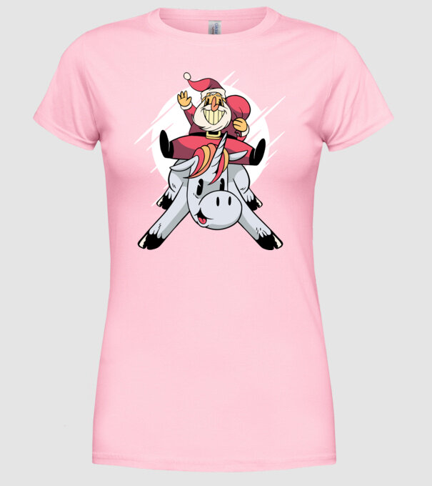 Moș Crăciun pe unicorn model roz deschis pe tricou