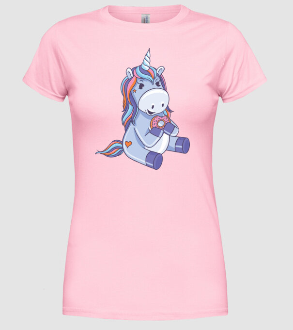 Unicorn cu gogoașă model roz deschis pe tricou