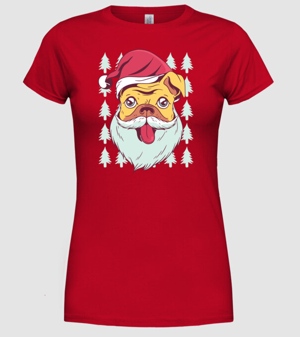Tricou Crăciun Mops model roșu pe tricou