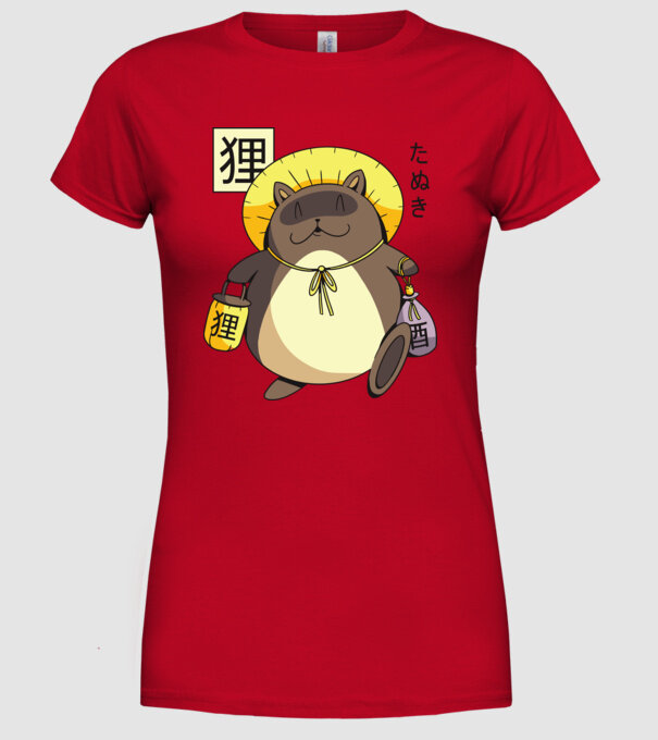 Tanuki Yokai model roșu pe tricou