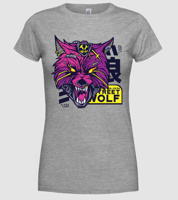 Cap de lup Cyberpunk model gri pe tricou