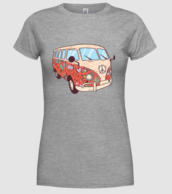 Tricou microbuz hippi retro model gri pe tricou