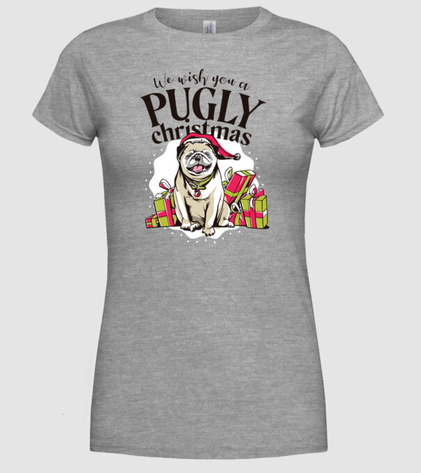 We wish You a Pugly Christmas tricou cu mops model gri pe tricou
