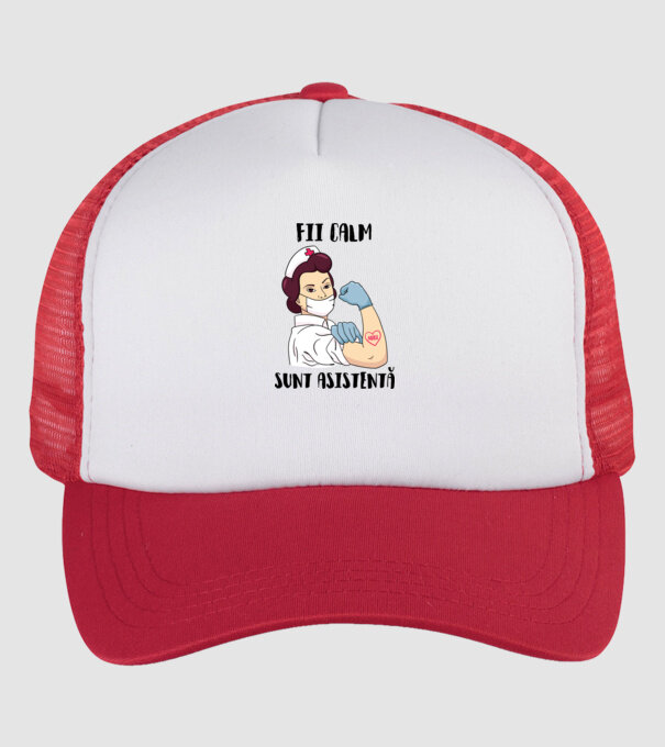 Fii calm, sunt asistentă model alb/roșu pe tricou