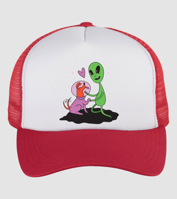 Alien cu câine model alb/roșu pe tricou