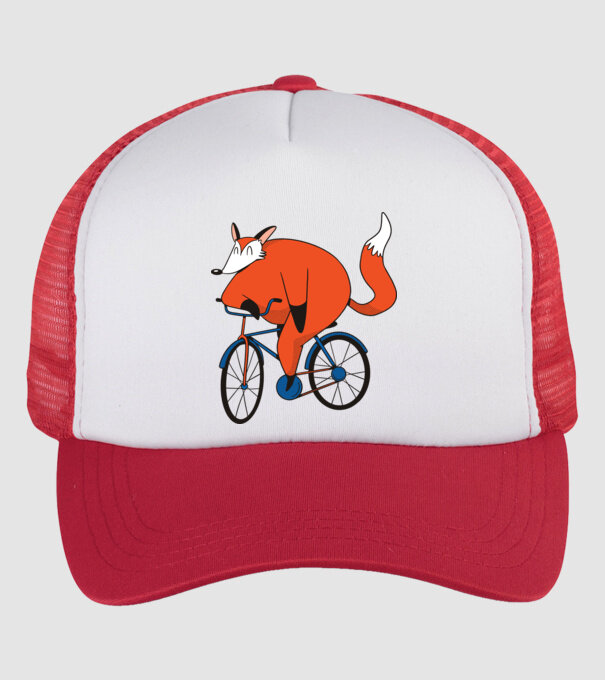 Vulpe cu bicicletă model alb/roșu pe tricou