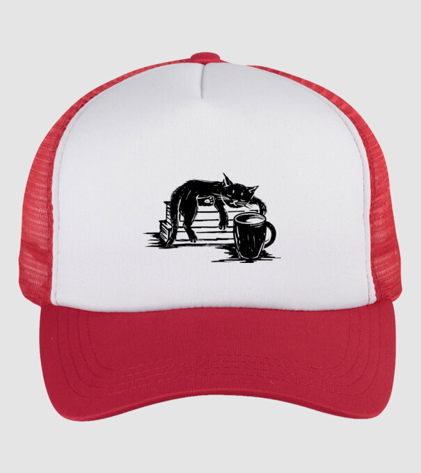 Pisică și cafea model alb/roșu pe tricou