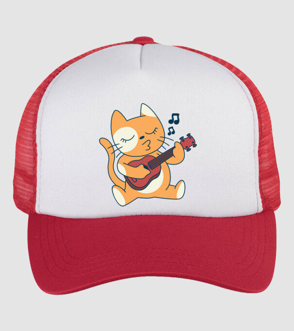 Pisică chitară Ukulele model alb/roșu pe tricou