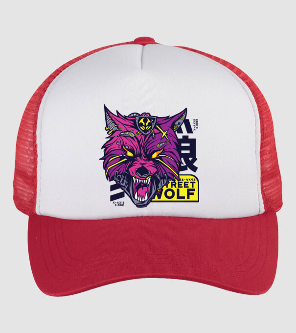 Cap de lup Cyberpunk model alb/roșu pe tricou