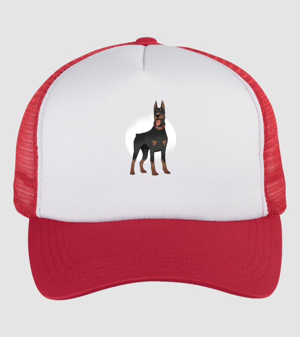 Tricou cu câine dobermann model alb/roșu pe tricou
