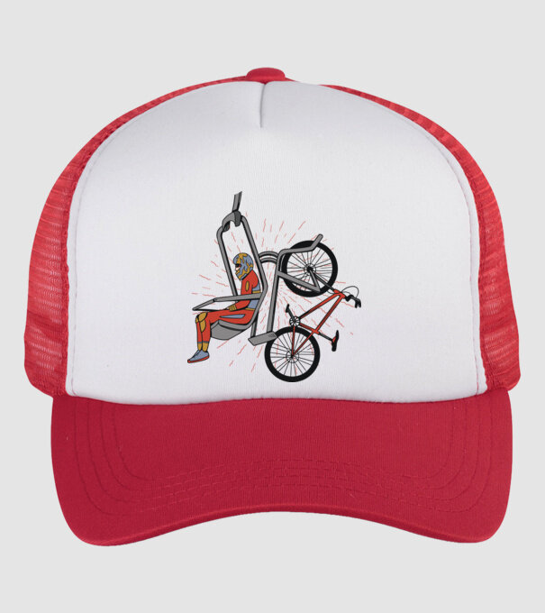 Biciclist montain bike pe teleferic model alb/roșu pe tricou