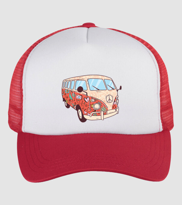 Tricou microbuz hippi retro model alb/roșu pe tricou