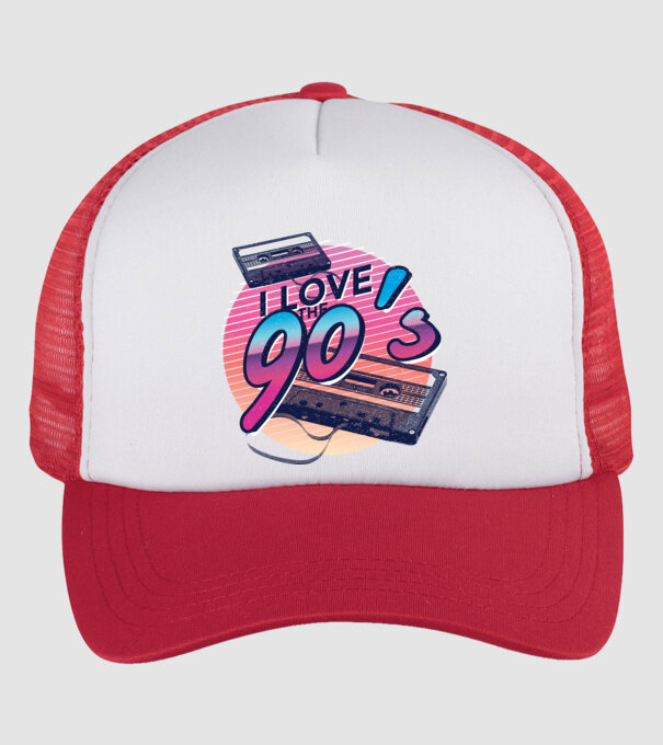 I love the 90s Casetă model alb/roșu pe tricou