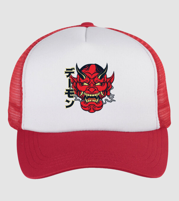 Mască demon chinez model alb/roșu pe tricou