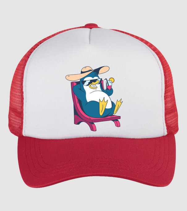 Pinguin cool stă la plajă la mare model alb/roșu pe tricou