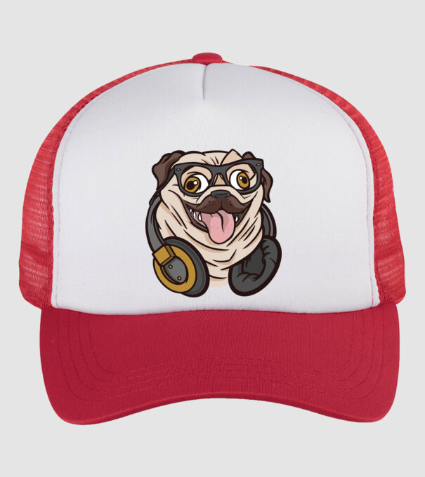 Mops cu căști model alb/roșu pe tricou