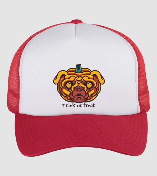 Mops cap de dovleac Halloween model alb/roșu pe tricou