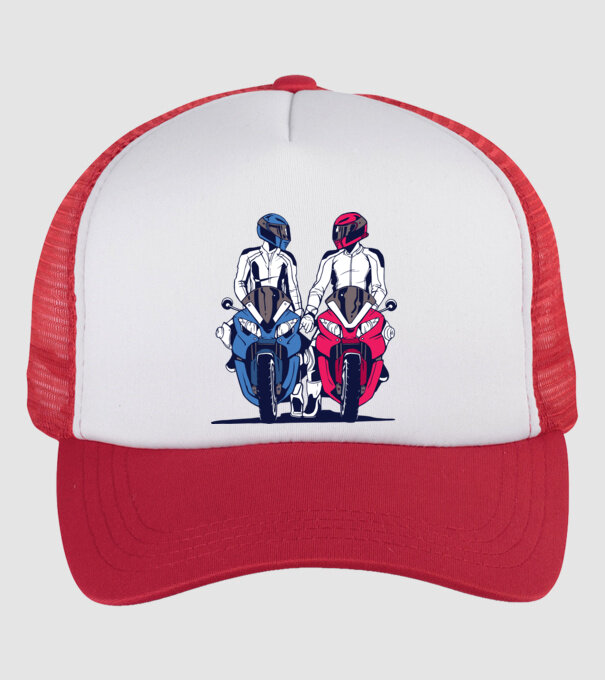 Cuplu de motocicliști model alb/roșu pe tricou