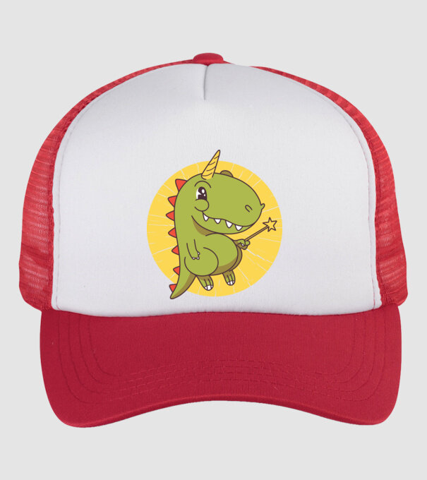 T-rex Unicorn cu baghetă magică model alb/roșu pe tricou