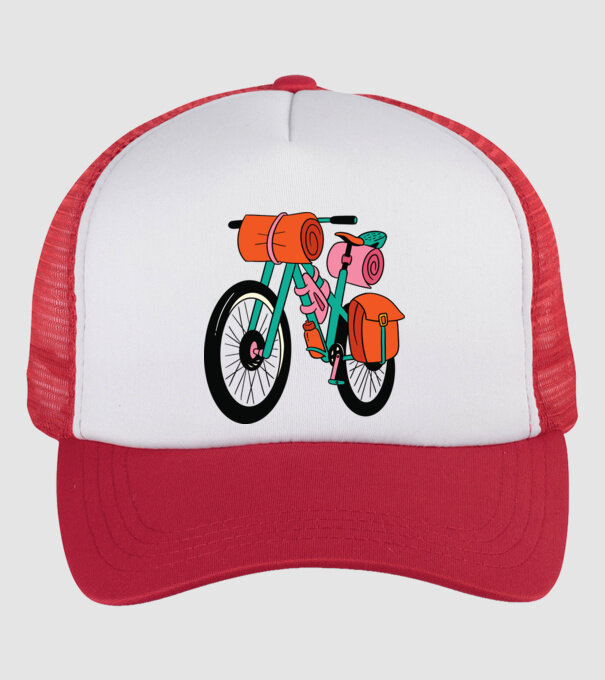 Bicicletă Drumeție model alb/roșu pe tricou
