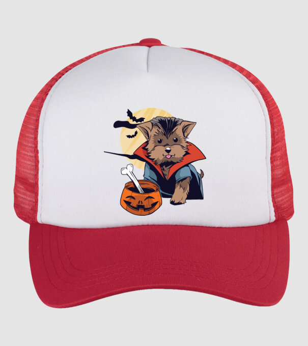 Vampir Yorkie Halloween model alb/roșu pe tricou