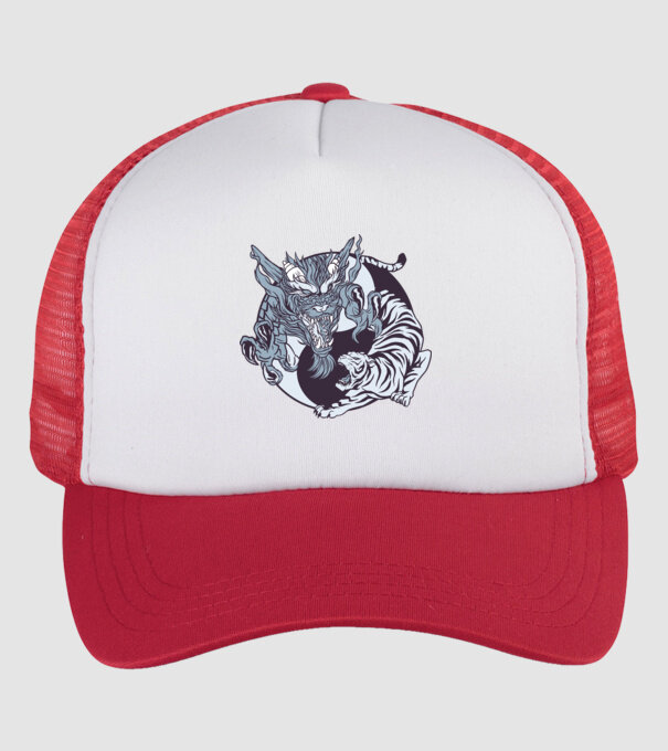 Yin Yang cu animale model alb/roșu pe tricou