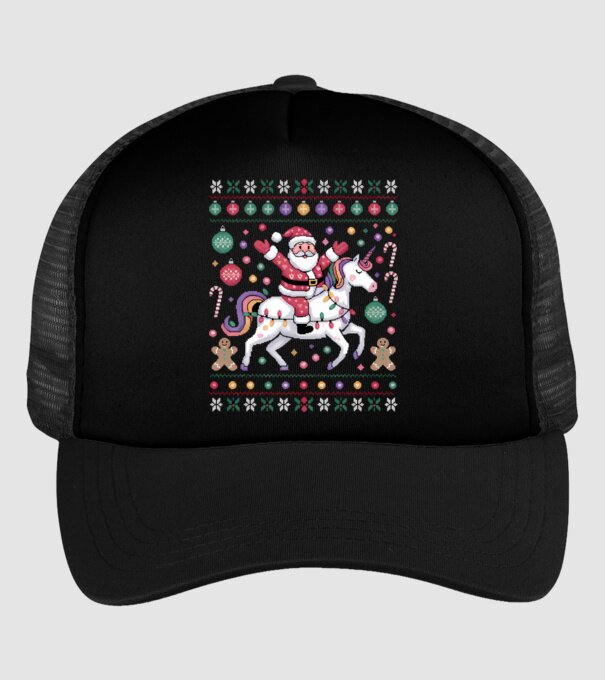 Moș Crăciun pe un pulover urât unicorn model negru pe tricou