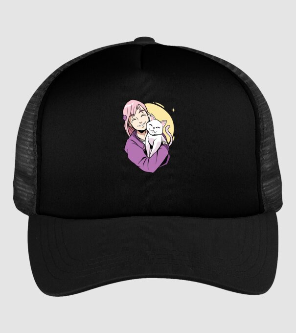 Anime fată cu pisică model negru pe tricou
